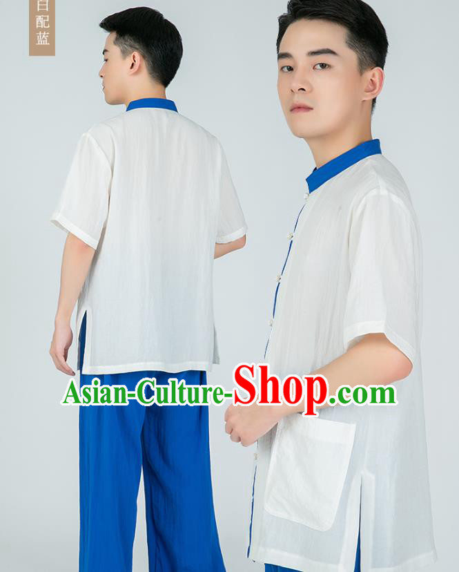 Asian Chinese Traditional Tai Chi White Flax Shirt and Blue Pants Martial Arts Costumes China Kung Fu Outfits for Men