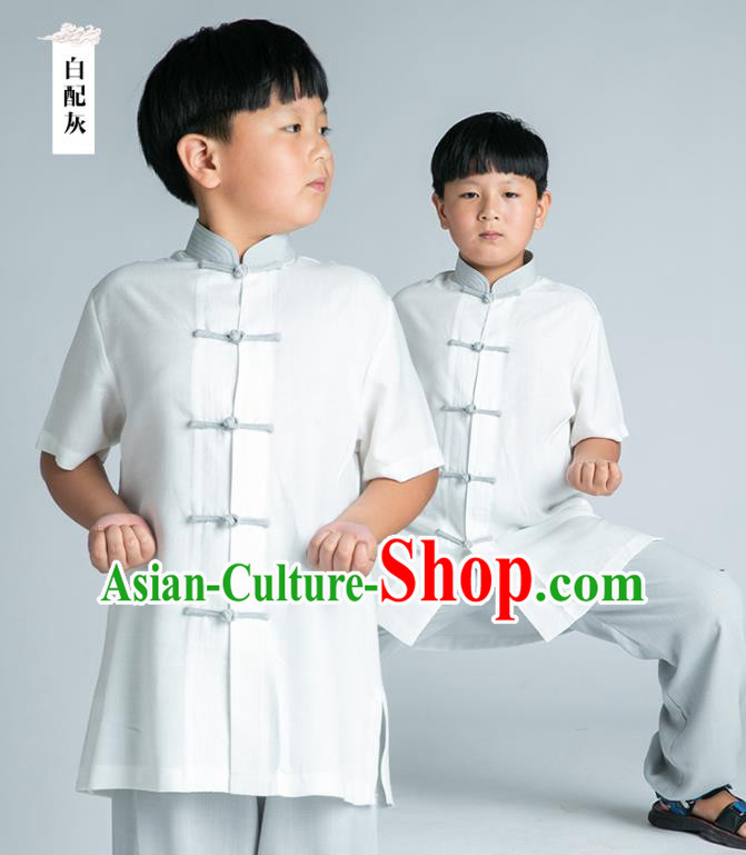 Asian Chinese Traditional Tai Chi White Linen Shirt and Grey Pants Martial Arts Costumes China Kung Fu Outfits for Kids