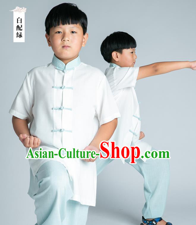 Asian Chinese Traditional Tai Chi White Linen Shirt and Blue Pants Martial Arts Costumes China Kung Fu Outfits for Kids
