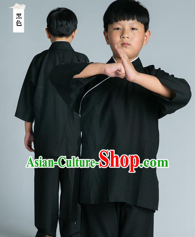 Asian Chinese Traditional Tai Chi Slant Opening Black Linen Shirt and Pants Martial Arts Costumes China Kung Fu Outfits for Kids