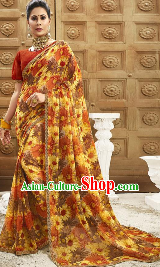 Asian India National Printing Sunflowers Yellow Georgette Saree Asia Indian Festival Dance Costumes Traditional Female Blouse and Sari Dress Full Set