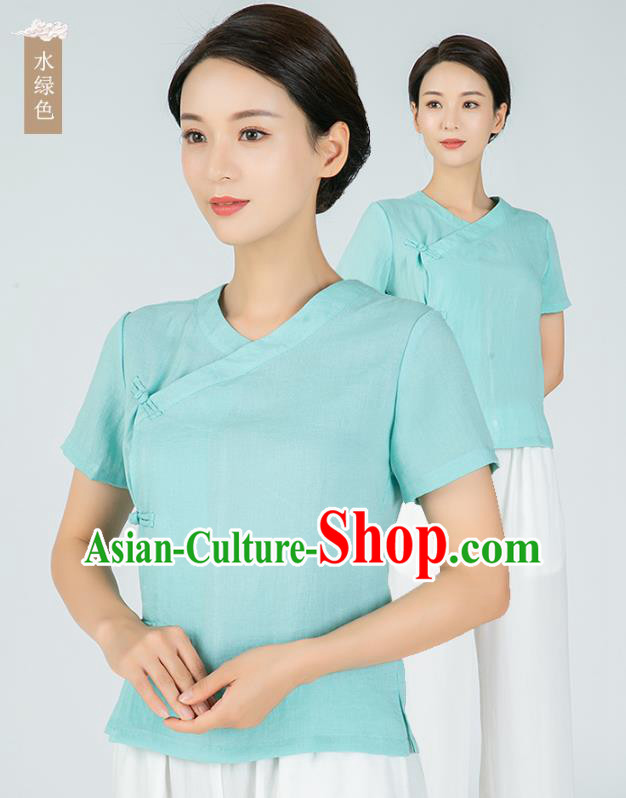 Professional Kung Fu Training Green Flax Blouse Martial Arts Shaolin Gongfu Costumes Tang Suit Tai Ji Upper Outer Garment for Women