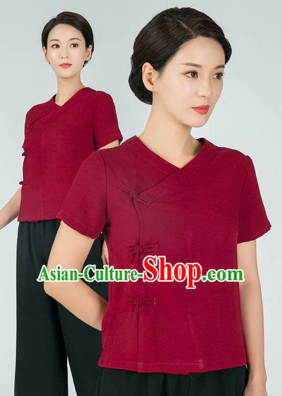 Professional Chinese Kung Fu Training Wine Red Flax Blouse Martial Arts Shaolin Gongfu Costumes Tang Suit Tai Ji Upper Outer Garment for Women