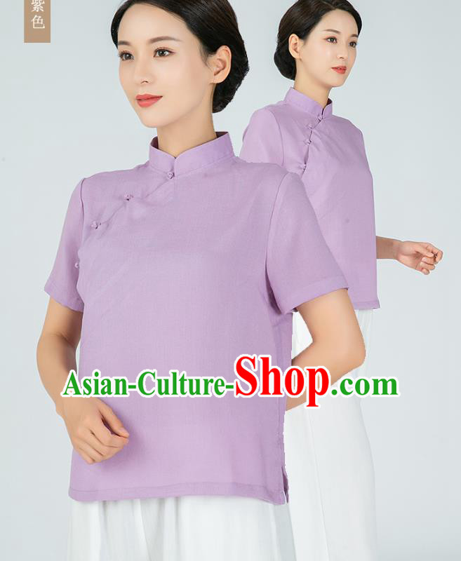 Professional Chinese Tang Suit Lilac Flax Blouse Martial Arts Shaolin Gongfu Costumes Kung Fu Training Garment Tai Ji Upper Outer for Women