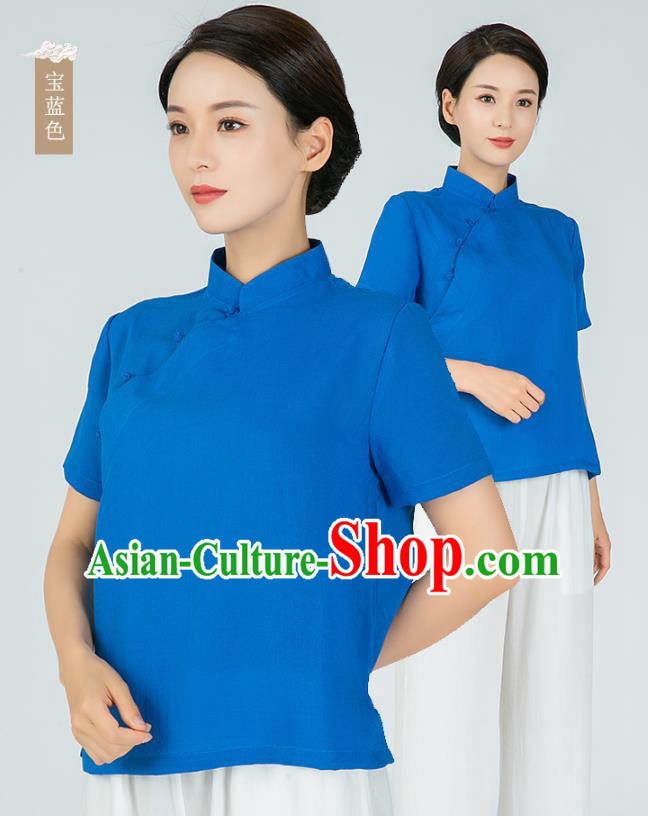 Professional Chinese Tang Suit Royalblue Flax Blouse Martial Arts Shaolin Gongfu Costumes Kung Fu Training Garment Tai Ji Upper Outer for Women