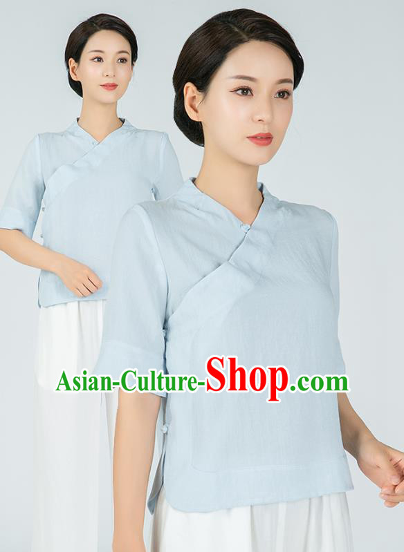 Professional Chinese Tai Chi Light Blue Flax Short Sleeve Blouse Martial Arts Shaolin Gongfu Costumes Kung Fu Training Garment Tang Suit Upper Outer for Women