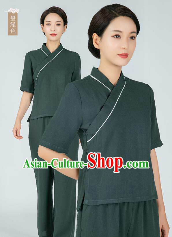 Professional Chinese Tai Chi Dark Green Flax Blouse and Pants Outfits Martial Arts Shaolin Gongfu Costumes Kung Fu Training Garment for Women