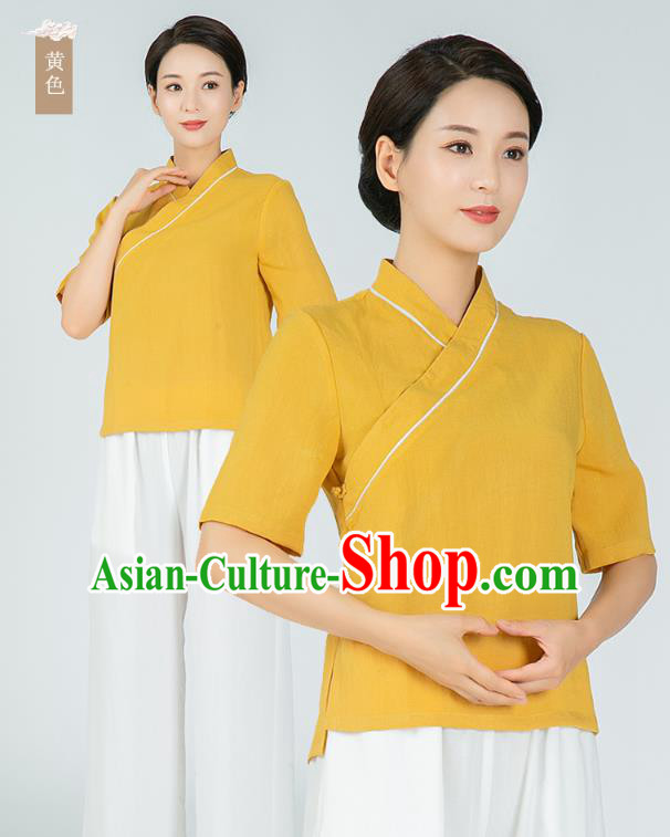Professional Chinese Tai Chi Yellow Flax Blouse and Pants Outfits Martial Arts Shaolin Gongfu Costumes Kung Fu Training Garment for Women