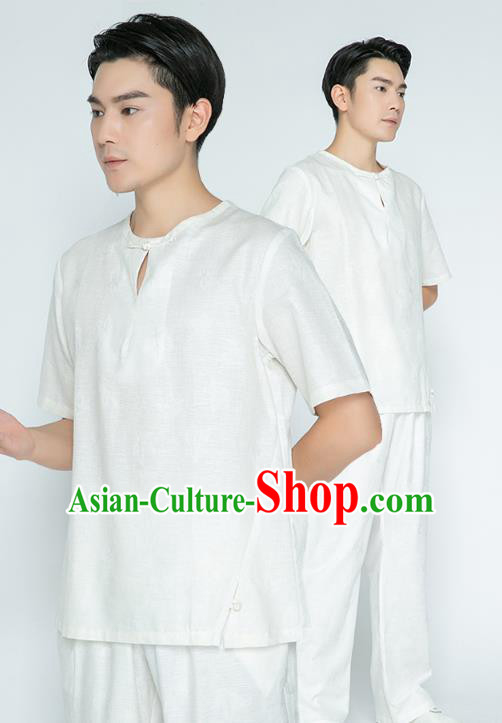 Top Grade Chinese Martial Arts Training Jacquard White Flax Uniforms Kung Fu Costume Shaolin Gongfu Tai Ji Shirt and Pants for Men