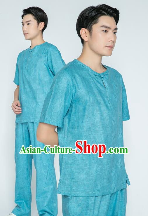 Top Grade Chinese Martial Arts Training Jacquard Blue Flax Uniforms Kung Fu Costume Shaolin Gongfu Tai Ji Shirt and Pants for Men