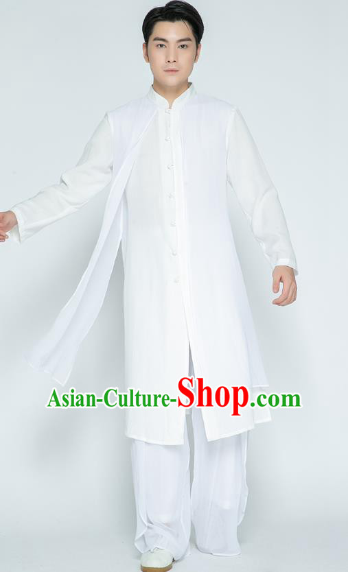 Top Grade Chinese Tai Ji Training White Cloak Uniforms Kung Fu Martial Arts Costume Shaolin Gongfu Shirt and Pants for Men