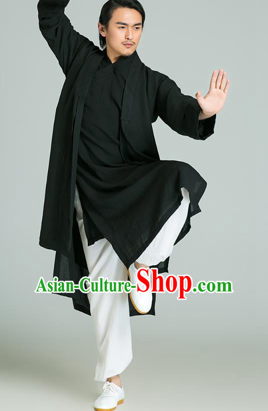 Top Grade Chinese Tai Ji Training Cloak Uniforms Kung Fu Martial Arts Costume Shaolin Gongfu Black Veil Shirt and Pants for Men