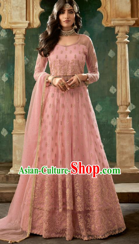 Top Asian India Pink Lehenga Costumes Asia Indian Traditional Bride Embroidered Blouse and Skirt and Sari Full Set