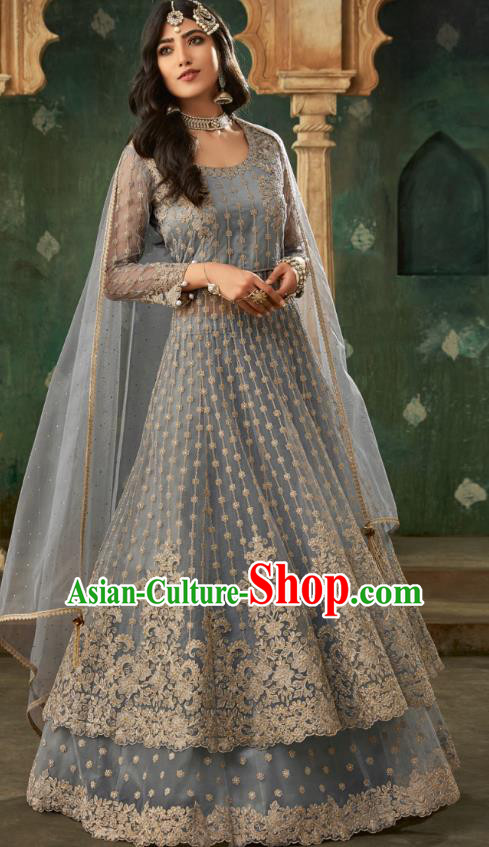 Top Asian India Grey Lehenga Costumes Asia Indian Traditional Bride Embroidered Blouse and Skirt and Sari Full Set
