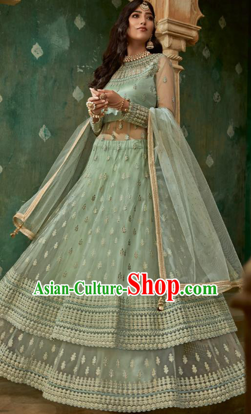 Top Asian India Light Green Lehenga Costumes Asia Indian Traditional Bride Embroidered Blouse and Skirt and Sari Full Set