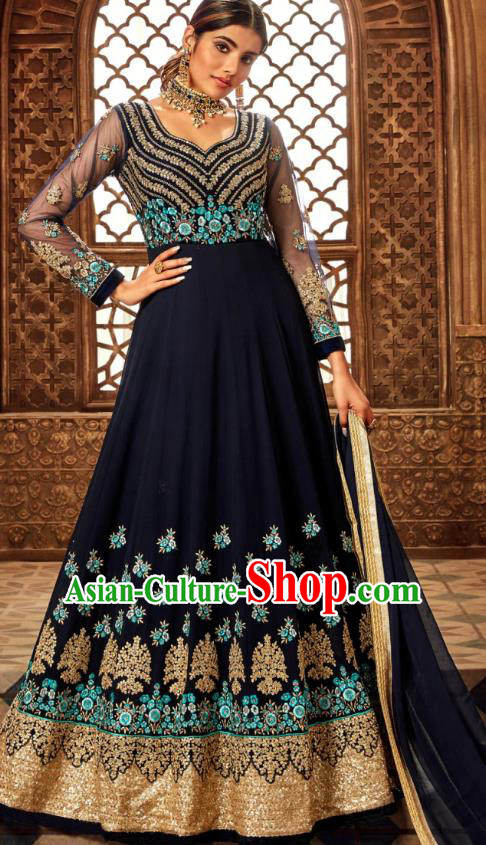 Asian India National Embroidered Navy Anarkali Dress Asia Indian Festival Dance Costumes Traditional Female Clothing and Sari Full Set