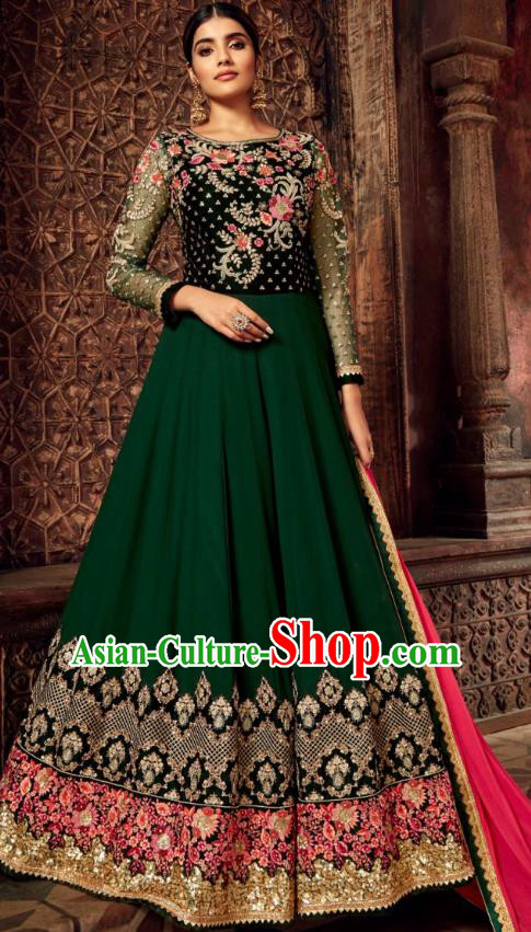 Asian India National Embroidered Deep Green Anarkali Dress Asia Indian Festival Dance Costumes Traditional Female Clothing and Sari Full Set