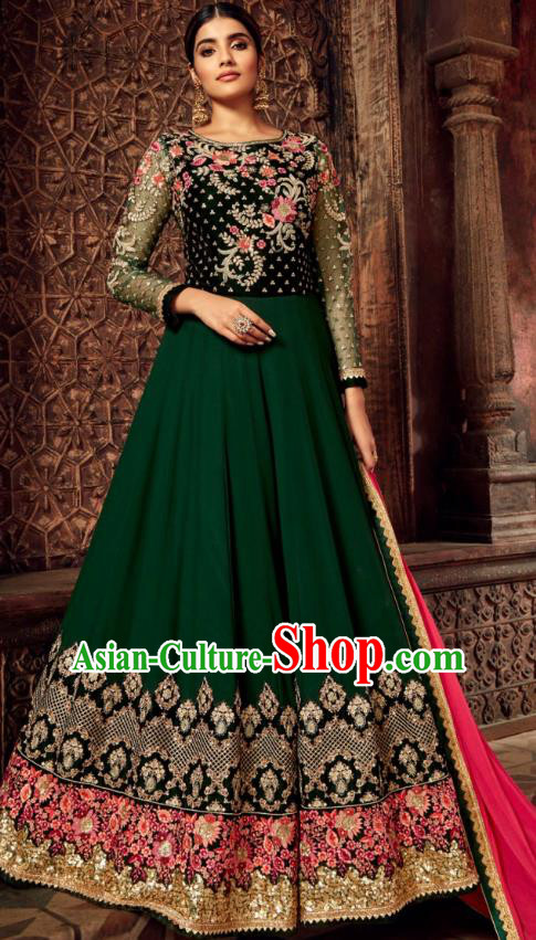 Asian India National Embroidered Deep Green Anarkali Dress Asia Indian Festival Dance Costumes Traditional Female Clothing and Sari Full Set