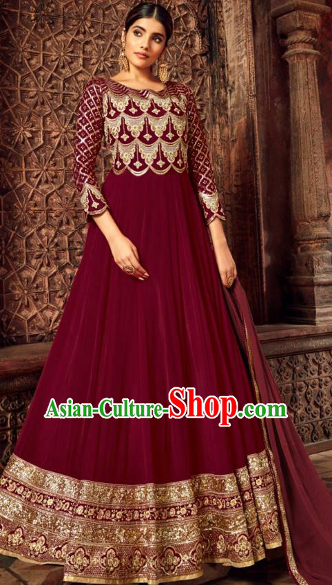 Asian India National Embroidered Maroon Anarkali Dress Asia Indian Festival Dance Costumes Traditional Female Clothing and Sari Full Set