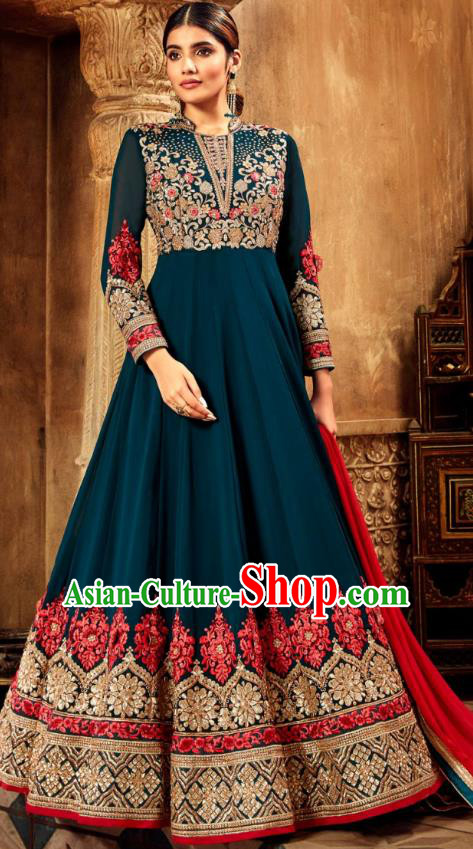 Asian India National Embroidered Teal Anarkali Dress Asia Indian Festival Dance Costumes Traditional Female Clothing and Sari Full Set