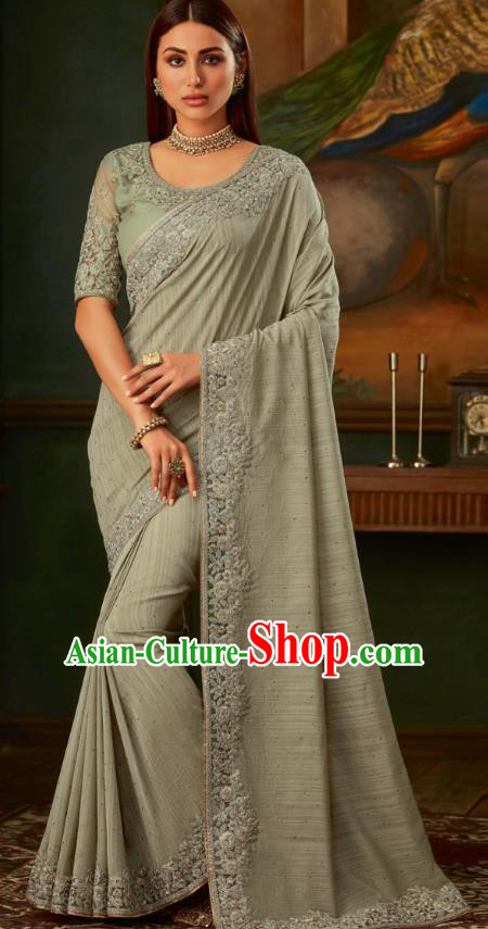 Asian India Bollywood Embroidered Gray Crepe Saree Asia Indian National Festival Dance Costumes Traditional Court Woman Blouse and Sari Dress Full Set