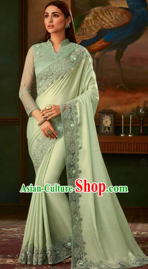 Asian India Bollywood Embroidered Light Green Crepe Saree Asia Indian National Festival Dance Costumes Traditional Court Woman Blouse and Sari Dress Full Set