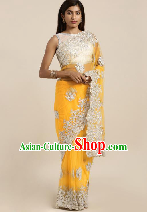 Asian India National Embroidered Yellow Saree Dress Asia Indian Festival Dance Costumes Traditional Female Clothing Blouse and Sari Full Set