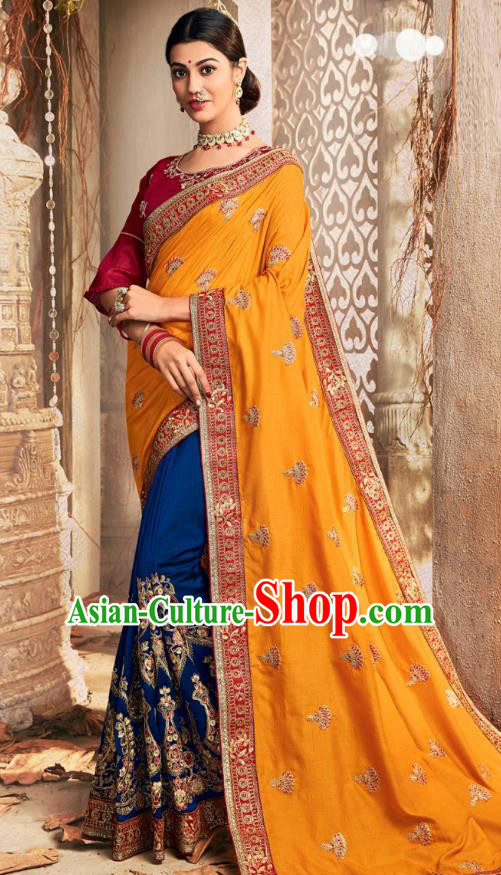 Asian India National Embroidered Orange Chanderi Silk Saree Dress Asia Indian Festival Dance Blouse and Sari Costumes Traditional Court Female Clothing