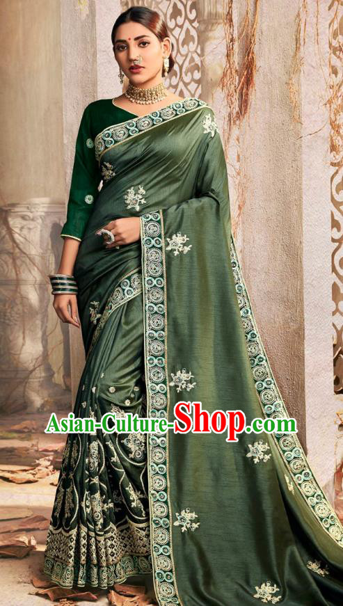 Asian India National Embroidered Atrovirens Chanderi Silk Saree Dress Asia Indian Festival Dance Blouse and Sari Costumes Traditional Court Female Clothing