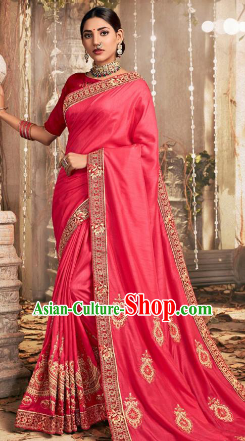 Asian India National Embroidered Peach Pink Chanderi Silk Saree Dress Asia Indian Festival Dance Blouse and Sari Costumes Traditional Court Female Clothing