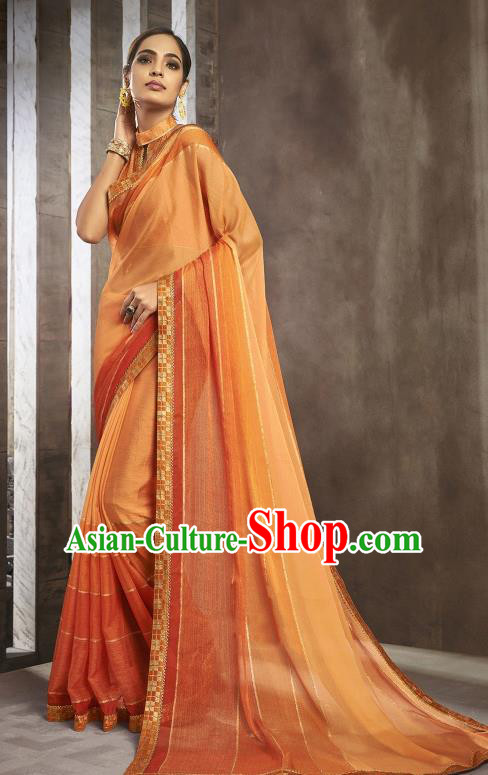 Asian India National Bride Orange Chiffon Saree Dress Asia Indian Festival Blouse and Sari Traditional Bollywood Dance Costumes for Women