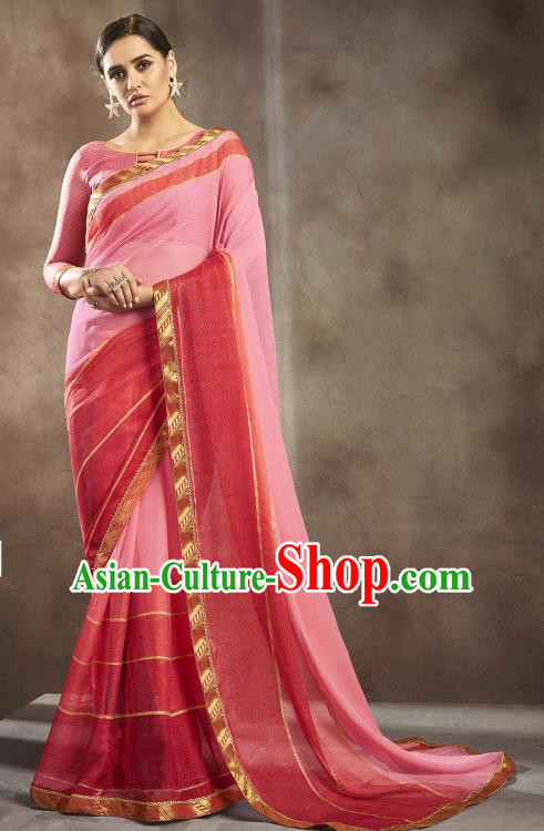 Asian India National Bride Pink Chiffon Saree Dress Asia Indian Festival Blouse and Sari Traditional Bollywood Dance Costumes for Women