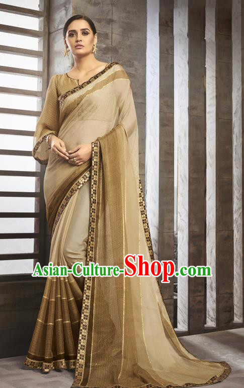 Asian India National Bride Brown Chiffon Saree Dress Asia Indian Festival Blouse and Sari Traditional Bollywood Dance Costumes for Women