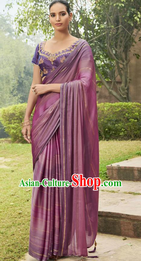 Asian India National Female Violet Chiffon Saree Dress Traditional Bollywood Dance Costumes Asia Indian Festival Blouse and Sari for Women