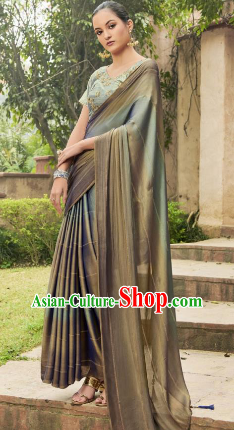 Asian India National Female Grey Chiffon Saree Dress Traditional Bollywood Dance Costumes Asia Indian Festival Blouse and Sari for Women