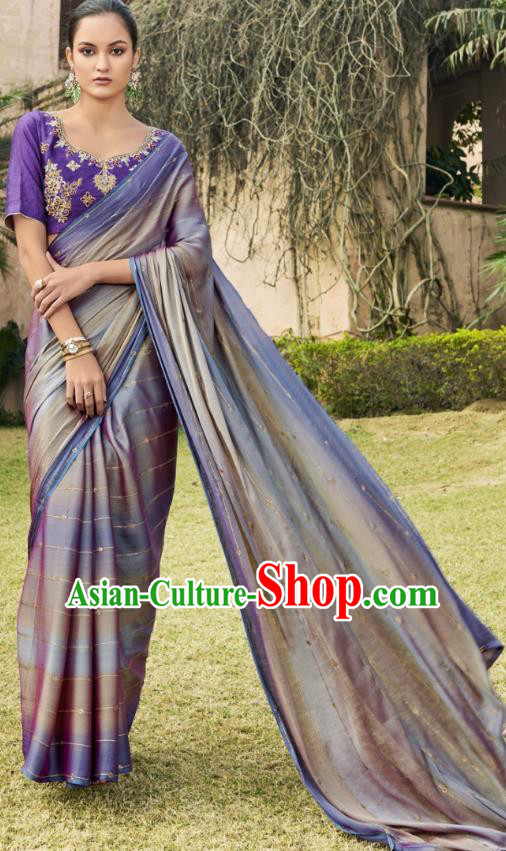 Asian India National Female Purple Chiffon Saree Dress Traditional Bollywood Dance Costumes Asia Indian Festival Blouse and Sari for Women