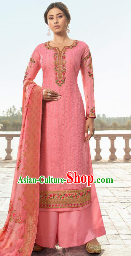 Asian India Traditional Costumes Asia Indian National Festival Punjab Suits Pink Silk Long Blouse Shawl and Loose Pants Complete Set