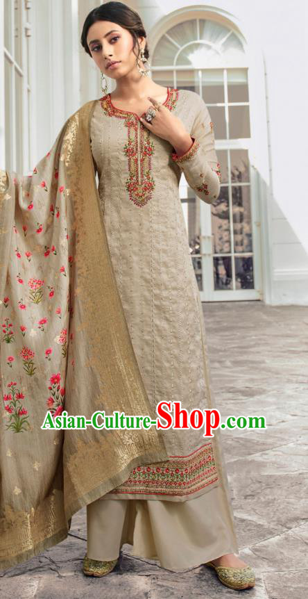 Asian India Traditional Costumes Asia Indian National Festival Punjab Suits Light Brown Silk Long Blouse Shawl and Loose Pants Complete Set