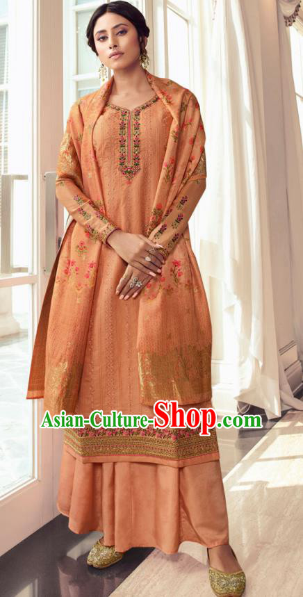 Asian India Traditional Costumes Asia Indian National Festival Punjab Suits Orange Silk Long Blouse Shawl and Loose Pants Complete Set