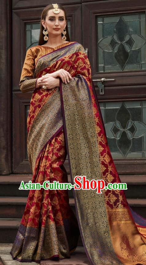 Asian India Court Maroon Silk Saree Traditional Bollywood Dance Costumes Asia Indian National Festival Blouse and Sari Dress for Women