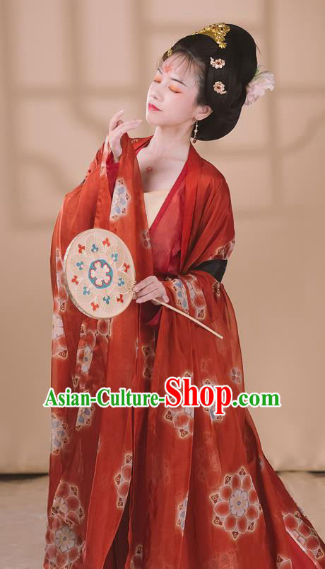 Traditional Chinese Tang Dynasty Noble Concubine Historical Costumes Ancient Court Woman Hanfu Garment Printing Red Chiffon Cloak Blouse Camisole and Skirt Full Set