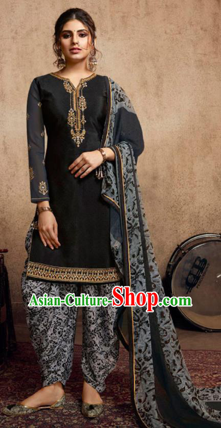 Asian India Traditional Civilian Woman Costumes Asia Indian National Punjab Suits Black Crepe Long Blouse Shawl and Loose Pants Full Set