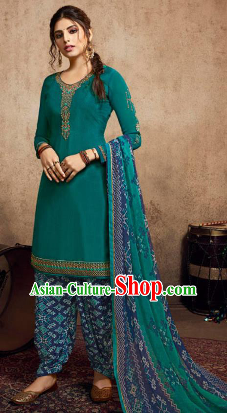 Asian India Traditional Civilian Woman Costumes Asia Indian National Punjab Suits Teal Crepe Long Blouse Shawl and Loose Pants Full Set