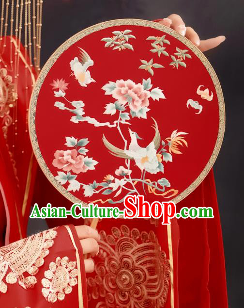 China Traditional Wedding Silk Fan Embroidered Phoenix Peony Palace Fan Handmade Hanfu Circular Fan