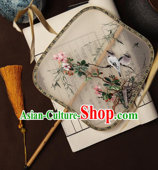 China Traditional White Silk Fan Handmade Hanfu Fan Embroidered Flowers Bird Palace Fan