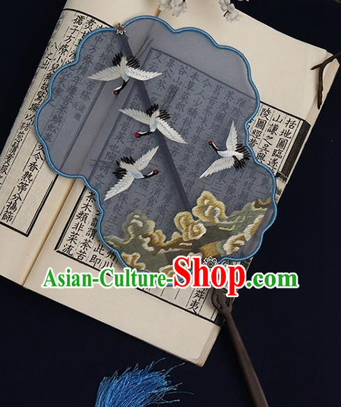 China Traditional Wedding Bride Blue Silk Fan Handmade Double Side Hanfu Fan Suzhou Embroidered Cloud Crane Palace Fan