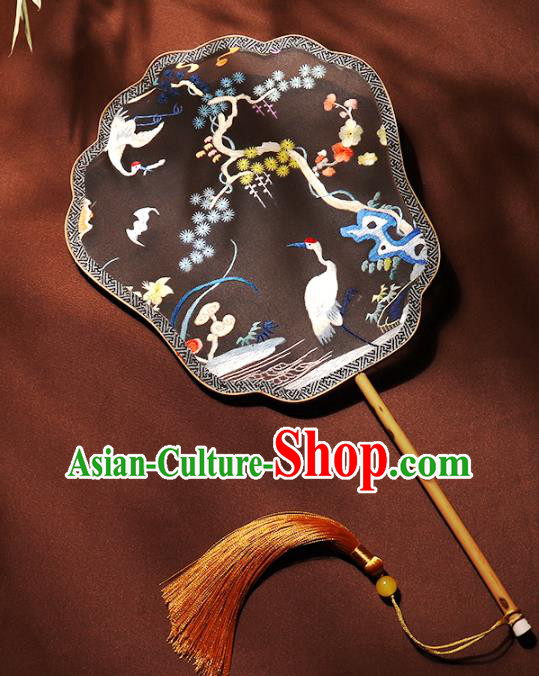 China Handmade Suzhou Embroidered Pine Cranes Palace Fan Double Side Hanfu Fan Traditional Bride Black Silk Fan
