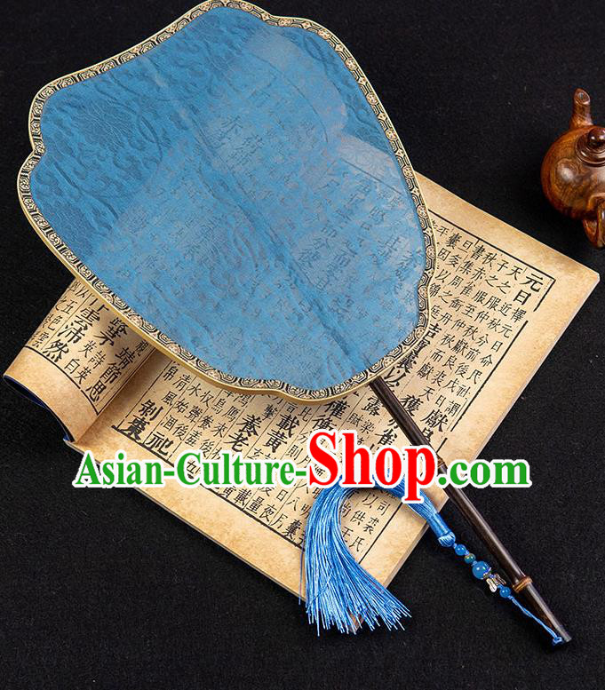 China Handmade Palace Fan Traditional Ancient Princess Jacquard Blue Silk Fan Classical Hanfu Fan