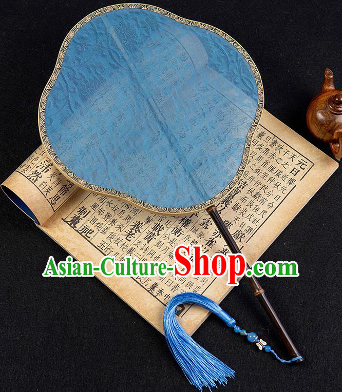 China Classical Hanfu Fan Traditional Ancient Princess Jacquard Blue Silk Fan Handmade Palace Fan