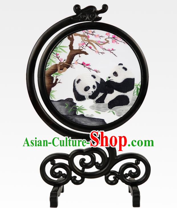 China Suzhou Embroidery Silk Craft Handmade Sandalwood Table Ornament Embroidered Plum Panda Desk Screen